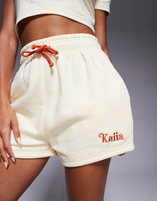 Kaiia cotton rich embroidered logo sweat shorts co-ord in yellow and orange  , 5 of 5