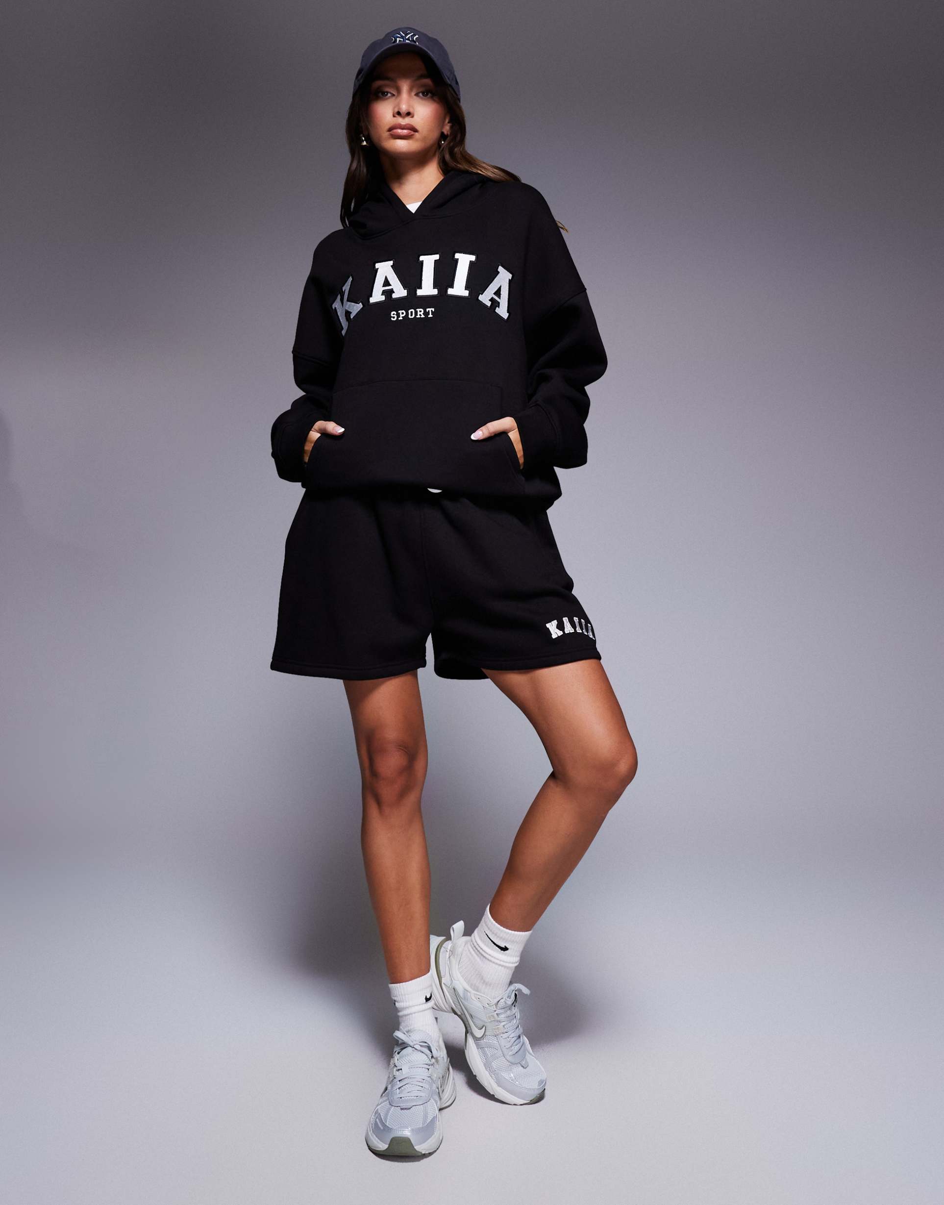kaiia cotton rich embroidered logo sweat shorts in black - part of a set
