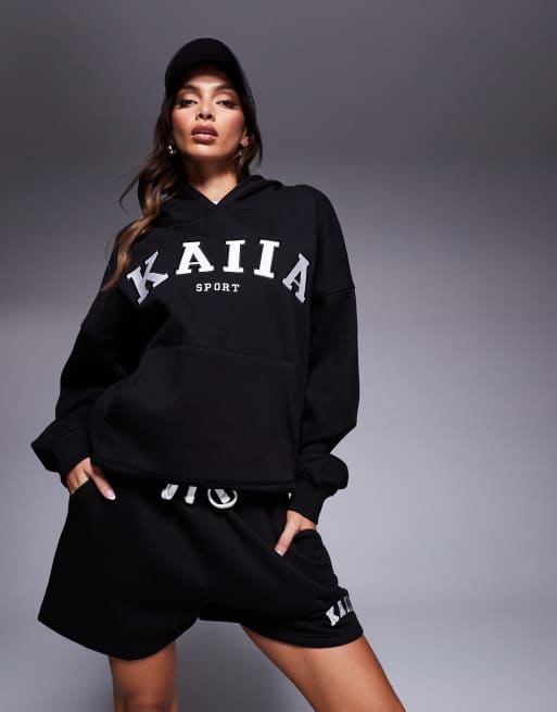 Kaiia cotton rich embroidered logo sweat shorts in black (part of a set)  , 2 of 5