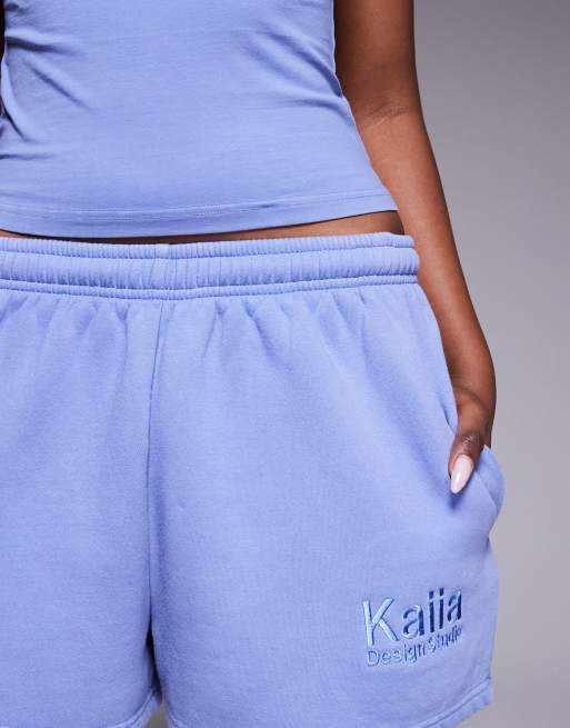 Kaiia cotton rich embroidered logo sweat shorts in washed blue (part of a set), 5 of 5