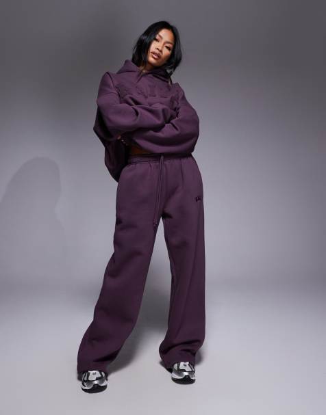 Kaiia cotton rich embroidered logo wide leg jogger co-ord in deep purple   - view 1