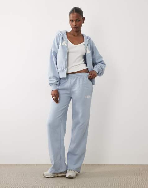 Kaiia cotton rich embroidered logo wide leg joggers co-ord in baby blue and white - view 1