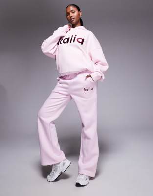 Kaiia Kaiia cotton rich embroidered logo wide leg joggers co-ord in baby pink and burgundy