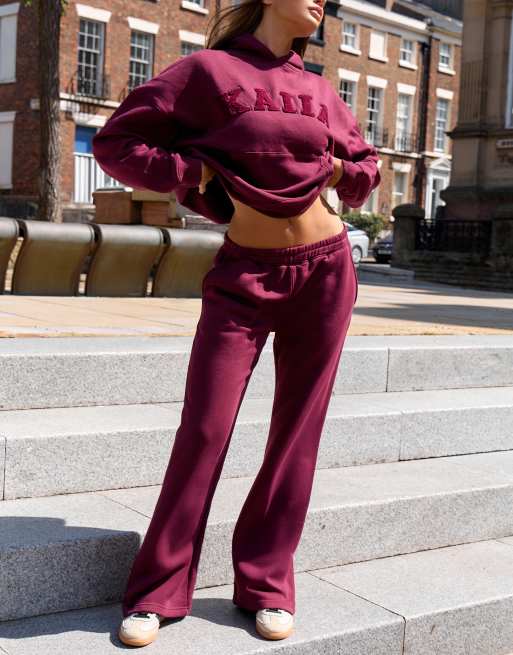 Kaiia cotton rich embroidered logo oversized hoodie and joggers co-ord in burgundy, 3 of 3