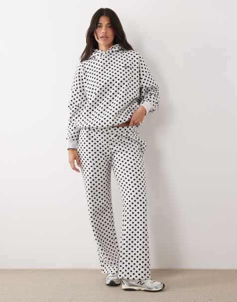 Kaiia cotton rich embroidered logo wide leg joggers co-ord in grey and black polka dot - view 1