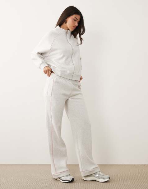 Kaiia cotton rich embroidered logo wide leg joggers co-ord in grey marl and baby pink - view 1