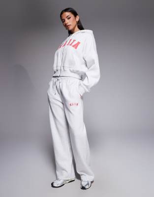 Kaiia Cotton Rich Embroidered Logo Wide Leg Joggers Co-ord In White