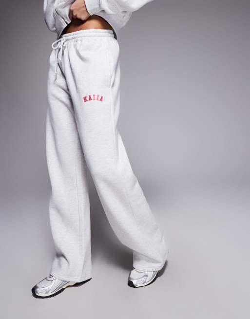 Kaiia cotton rich embroidered logo wide leg joggers co-ord in grey marl and coral, 2 of 5