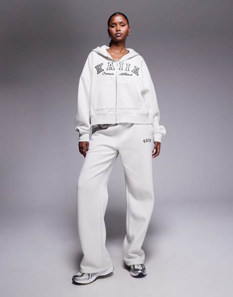 Kaiia cotton rich embroidered logo wide leg joggers co-ord in light grey - view 1