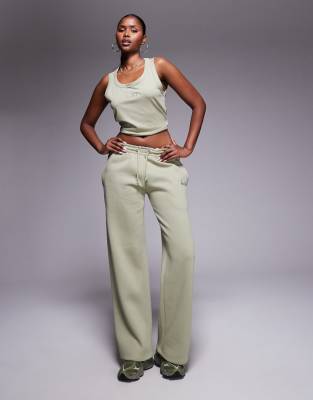 Kaiia Kaiia cotton rich embroidered logo wide leg joggers co-ord in light olive-Multi