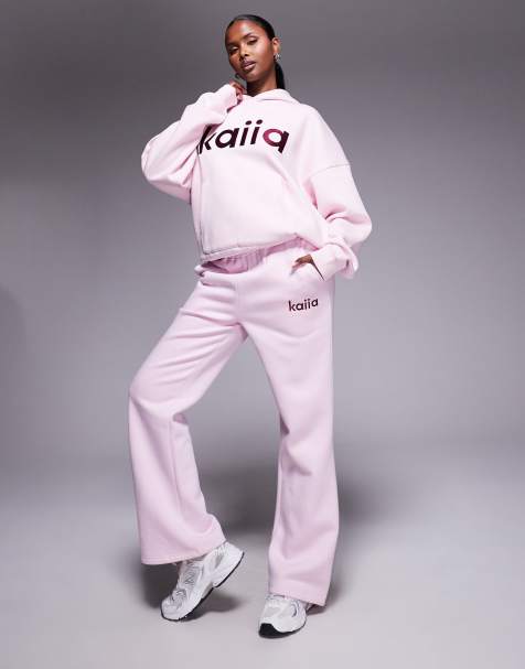 Kaiia cotton rich embroidered logo wide leg sweatpants in baby pink and burgundy - part of a set - view 1