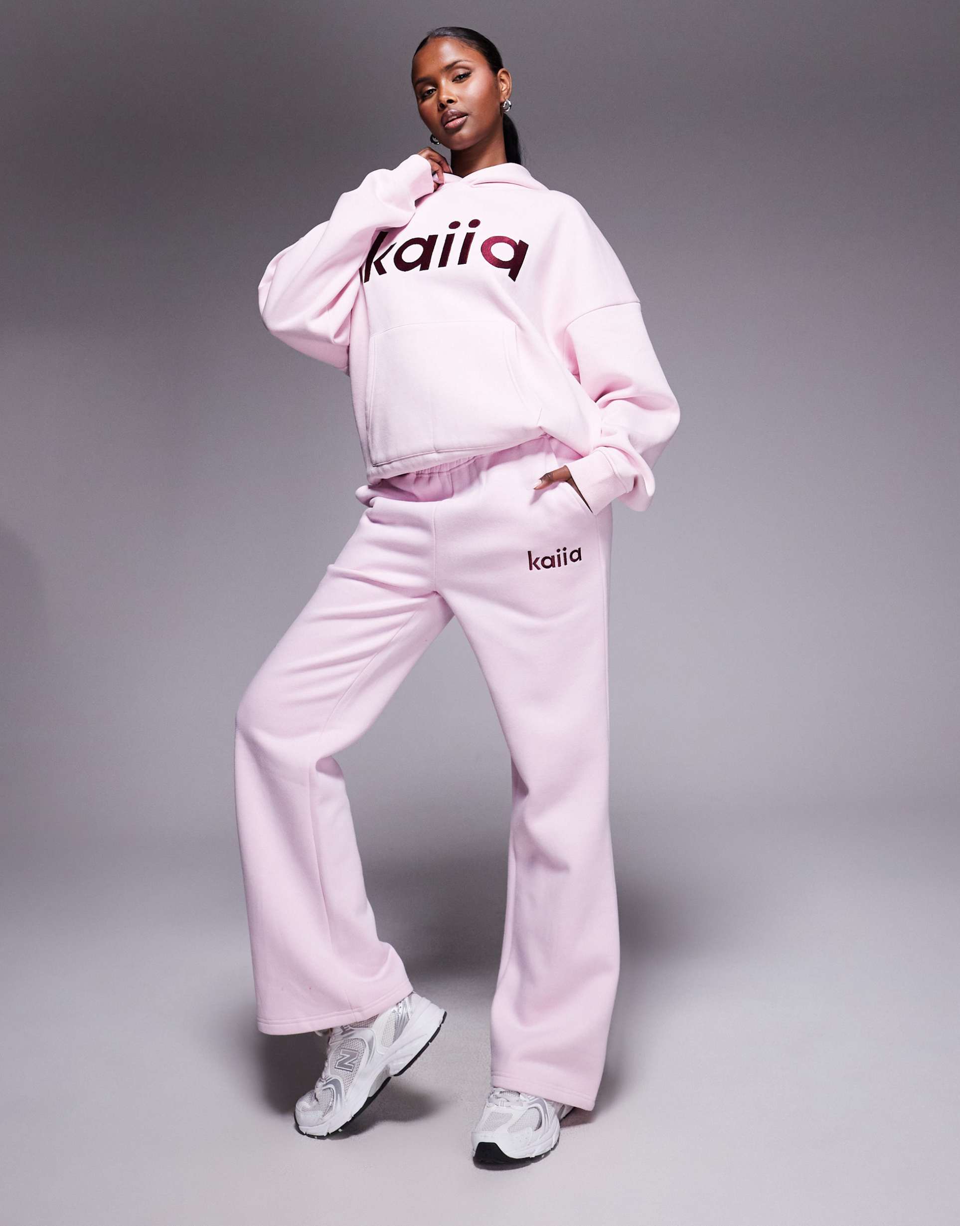 kaiia cotton rich embroidered logo wide leg sweatpants in baby pink and burgundy - part of a set