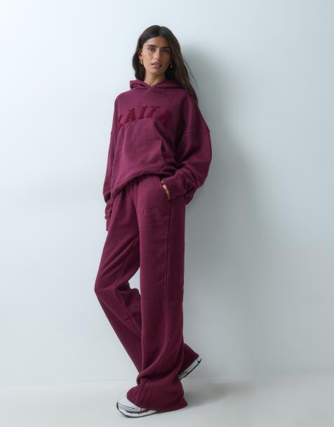 Kaiia cotton rich embroidered logo wide leg sweatpants in burgundy - part of a set - view 1
