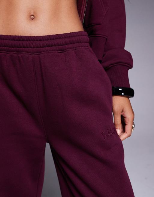 Kaiia cotton rich embroidered logo wide leg sweatpants in dark cherry - part of a set  , 4 of 5