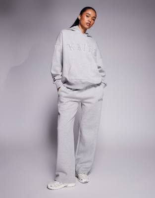 Kaiia cotton rich embroidered logo wide leg sweatpants in dark gray heather - part of a set-Multi