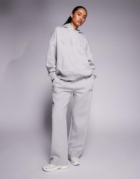 Kaiia cotton rich embroidered logo wide leg sweatpants in dark gray heather - part of a set   - view 1