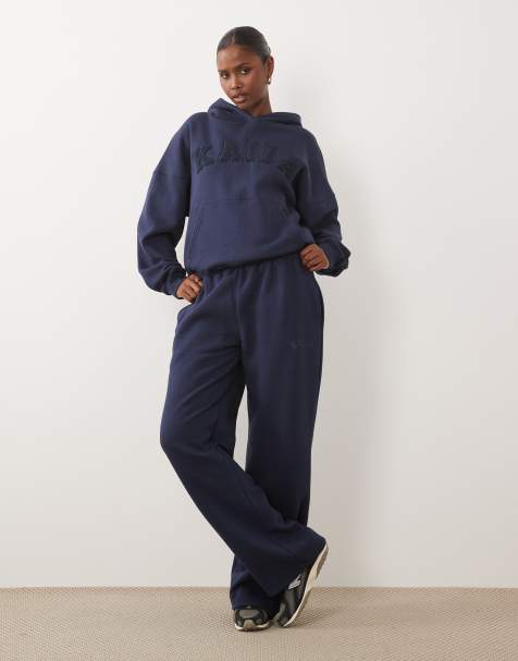 Kaiia cotton rich embroidered logo wide leg sweatpants in deep blue - part of a set - view 1