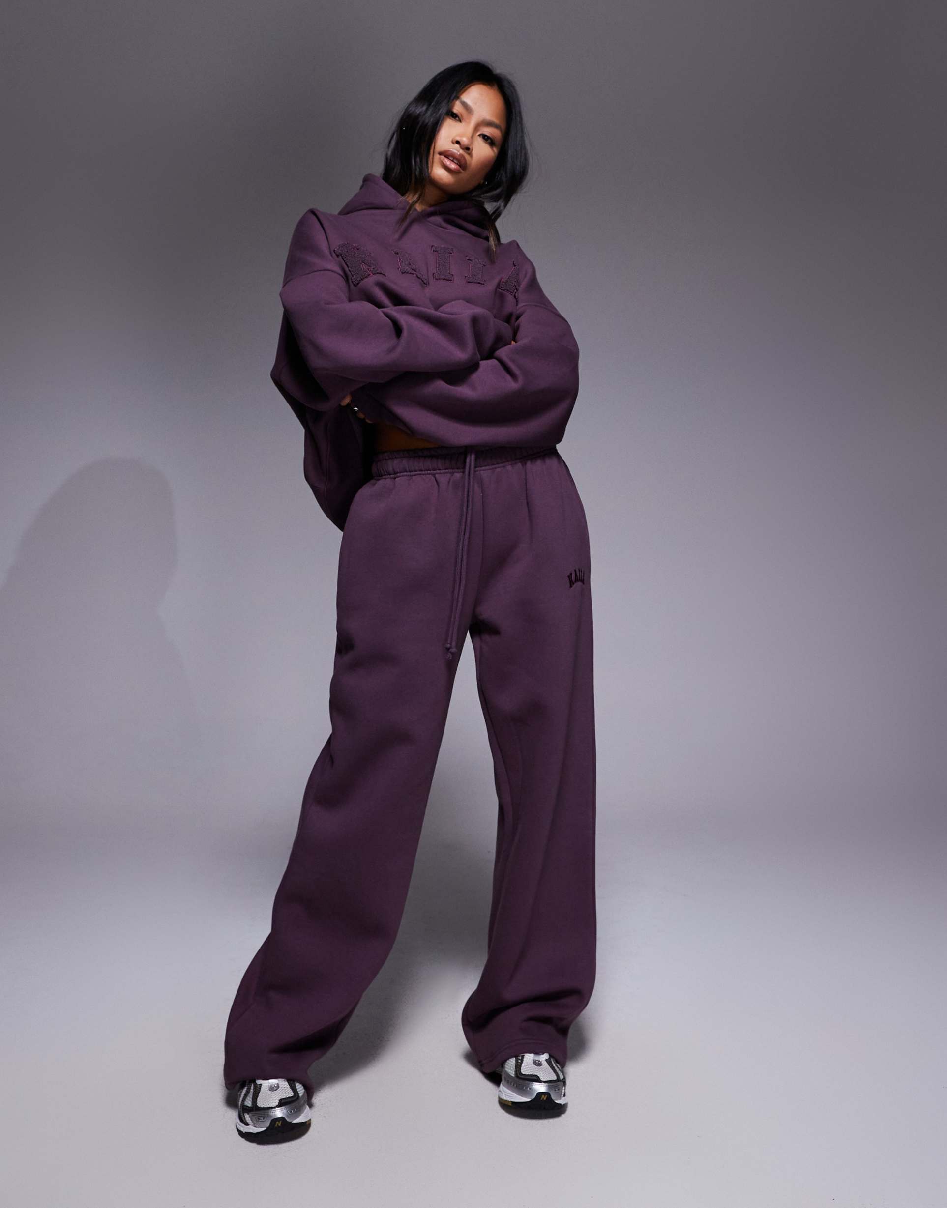 kaiia cotton rich embroidered logo wide leg sweatpants in deep purple - part of a set