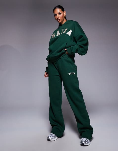 Kaiia cotton rich embroidered logo wide leg sweatpants in forest green - part of a set - view 1