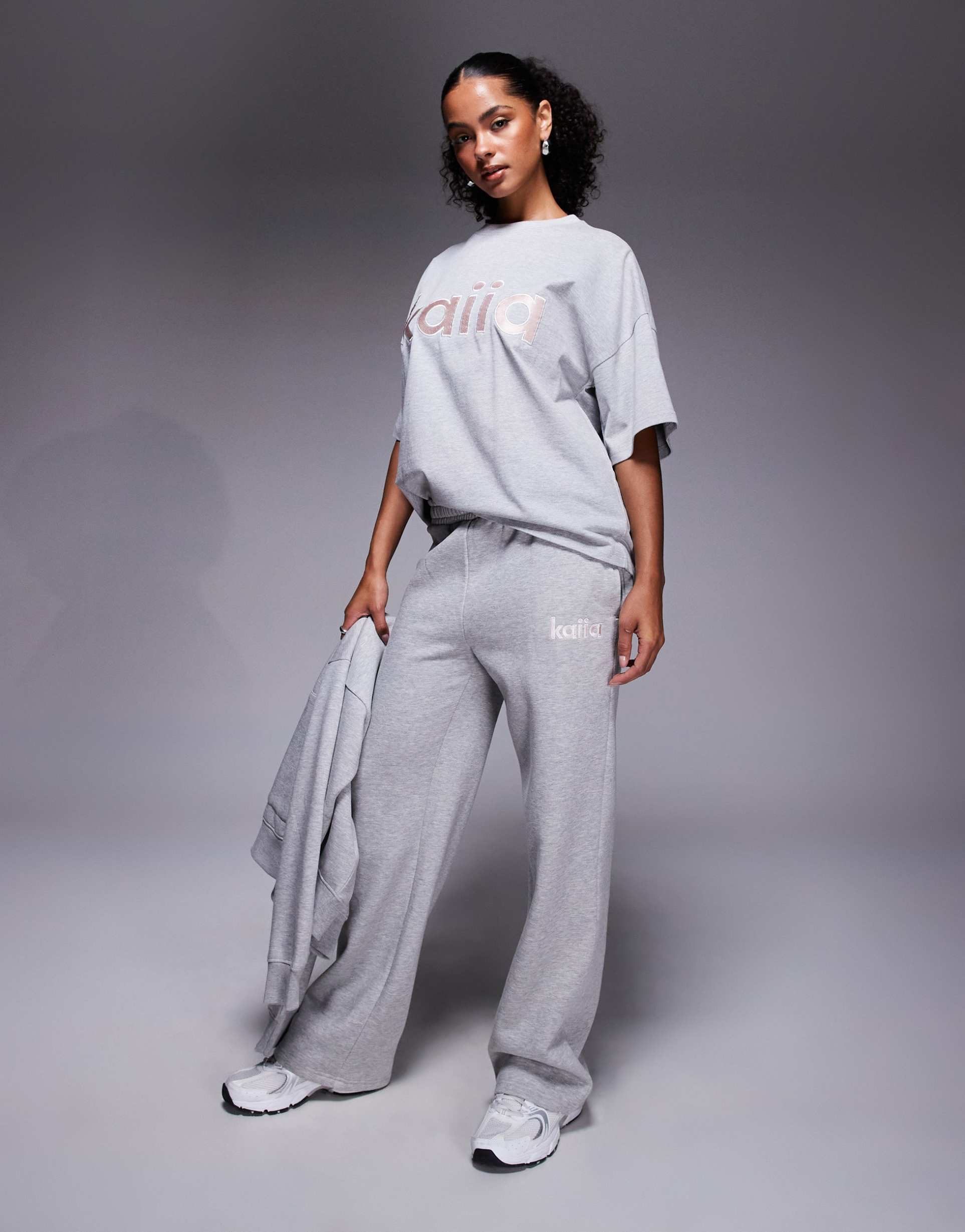 kaiia cotton rich embroidered logo wide leg sweatpants in light gray and pink - part of a set
