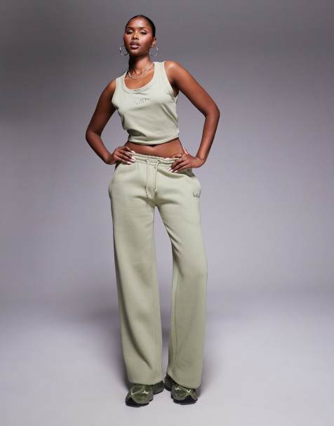 Kaiia cotton rich embroidered logo wide leg sweatpants in light olive - part of a set - view 1