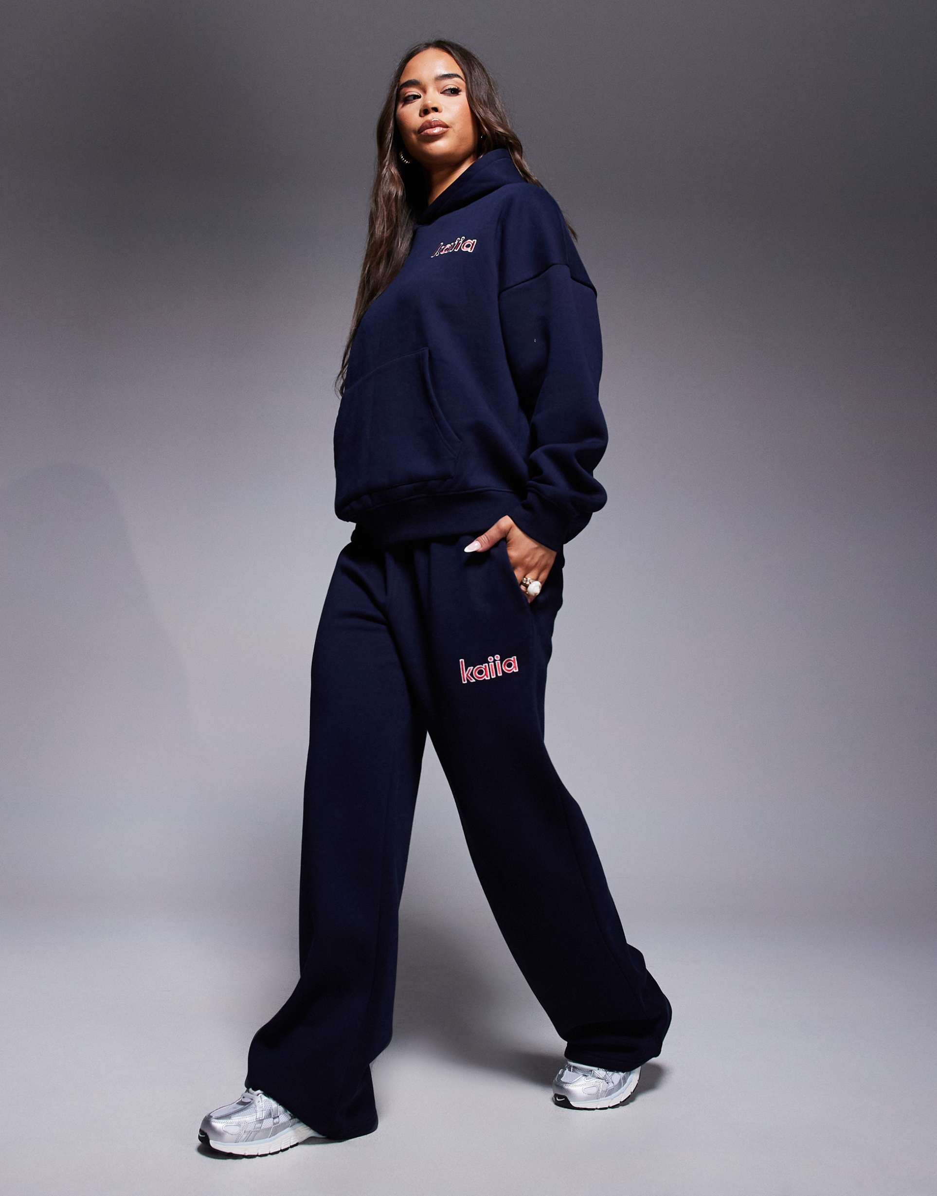 kaiia cotton rich embroidered logo wide leg sweatpants in navy and red - part of a set