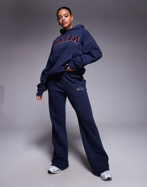 Kaiia cotton rich embroidered logo wide leg sweatpants in navy and red - part of a set - view 1
