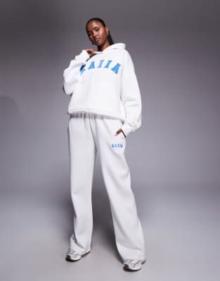 Kaiia Cotton Rich Embroidered Logo Wide Leg Jogger Co-ord In White