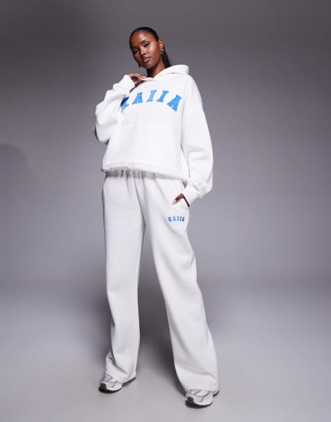 Kaiia cotton rich embroidered logo wide leg sweatpants in white and blue - part of a set - view 1