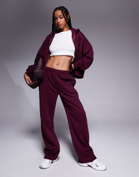 Kaiia cotton rich embroidered logo wide leg trackies in dark cherry (part of a set) - view 1