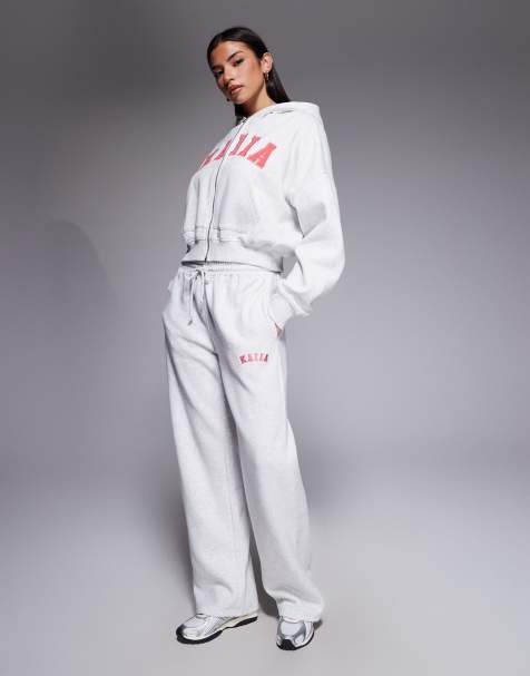 Kaiia cotton rich embroidered logo wide leg trackies in grey marl and coral (part of a set) - view 1