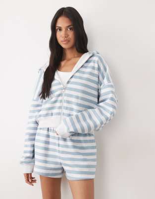 Kaiia Cotton Rich Embroidered Logo Zip Through Hoodie Co-ord In Blue