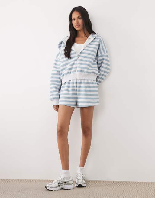 Kaiia cotton rich embroidered logo zip through hoodie co-ord in blue & white stripe, 2 of 4