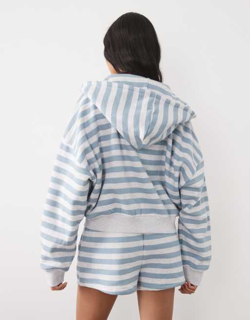 Kaiia cotton rich embroidered logo zip through hoodie co-ord in blue & white stripe, 4 of 4