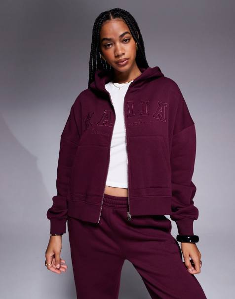 Kaiia cotton rich embroidered logo zip through hoodie co-ord in dark cherry - view 1