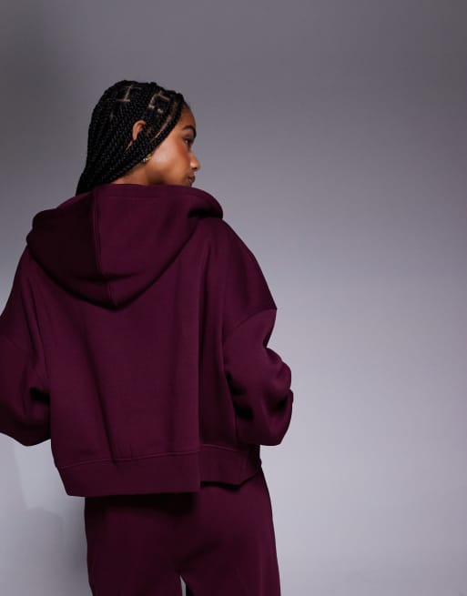 Kaiia cotton rich embroidered logo zip through hoodie co-ord in dark cherry  , 2 of 4