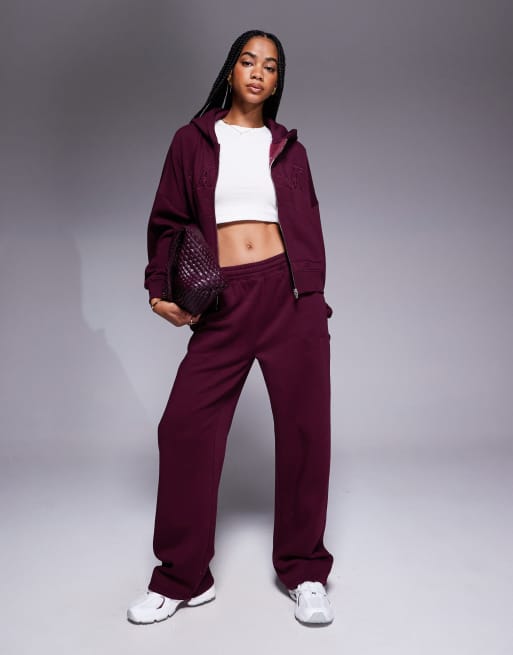 Kaiia cotton rich embroidered logo zip through hoodie co-ord in dark cherry  , 3 of 4