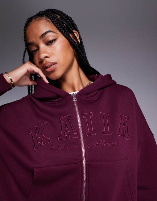 Kaiia cotton rich embroidered logo zip through hoodie co-ord in dark cherry  , 4 of 4