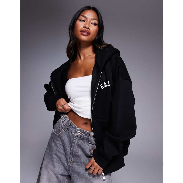 Kaiia cotton rich embroidered logo zip through hoodie in black | ASOS