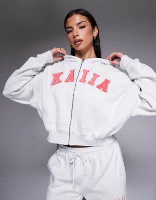 Kaiia Cotton Rich Embroidered Logo Zip Through Oversized Hoodie Co-ord In White