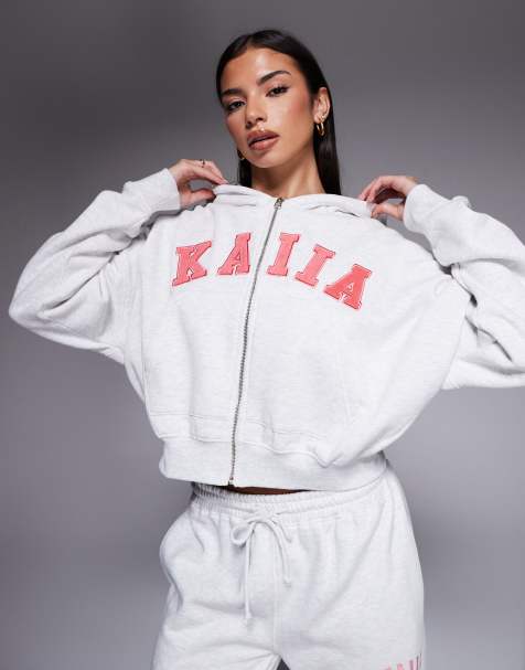 Kaiia cotton rich embroidered logo zip through oversized hoodie in grey marl and coral (part of a set) - view 1