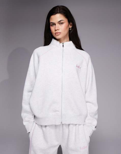 Kaiia cotton rich embroidered logo zip through sweatshirt jacket co-ord in grey marl and baby pink - view 1