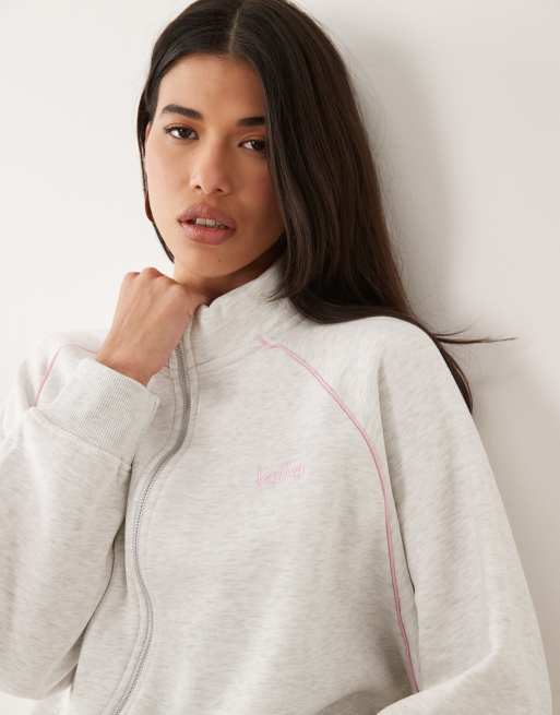 Kaiia embroidered logo cropped zip through sweatshirt jacket and wide leg trackies set in grey marl, 3 of 3