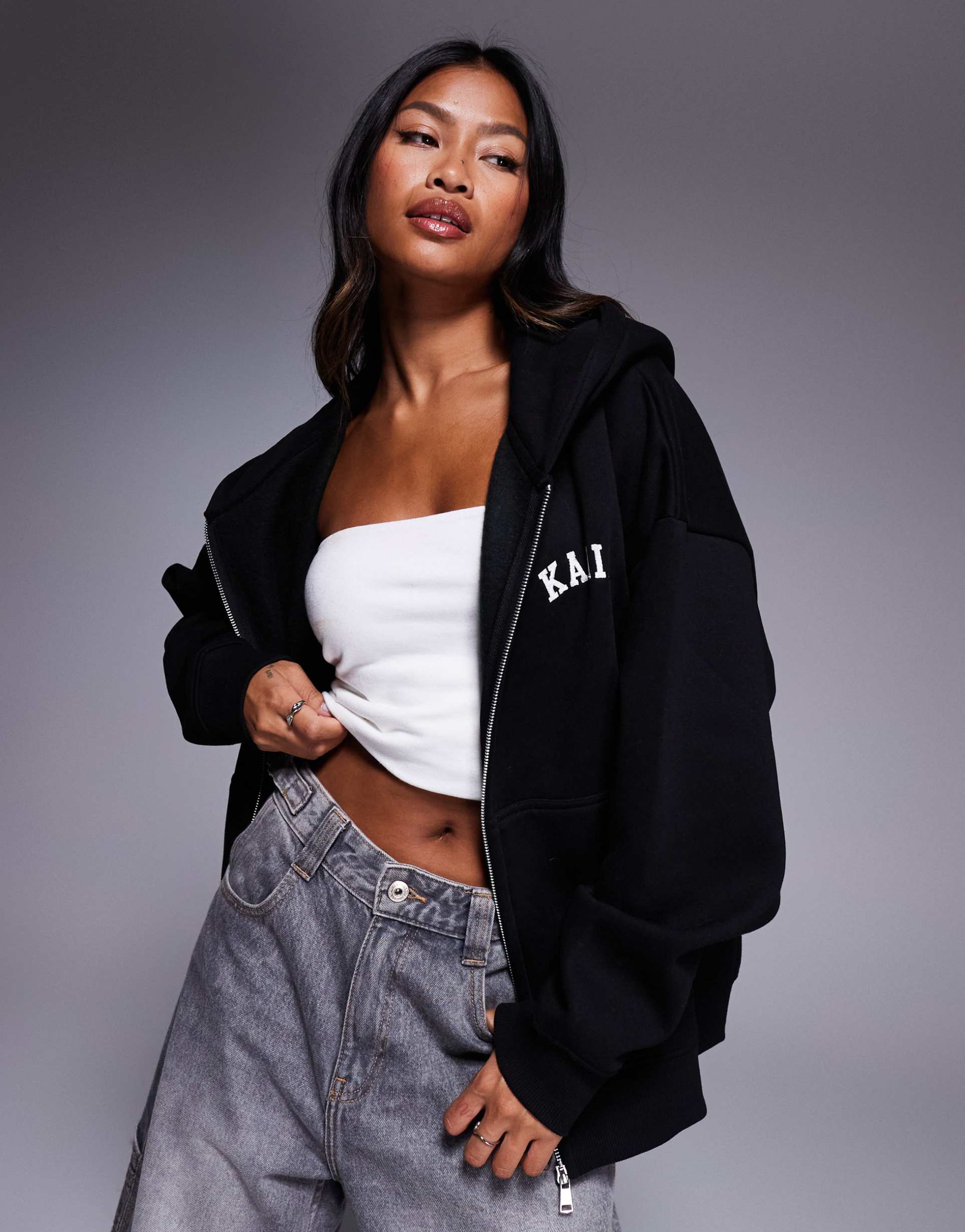 kaiia cotton rich embroidered logo zip up hoodie in black