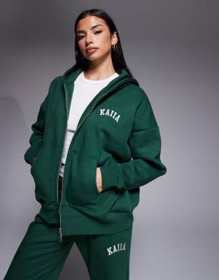 Kaiia Cotton Rich Embroidered Logo Zip Up Hoodie In Green