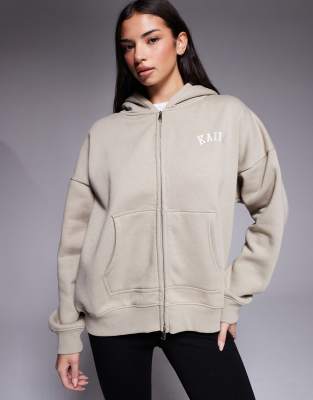 Kaiia Cotton Rich Embroidered Logo Zip Up Hoodie In Neutral