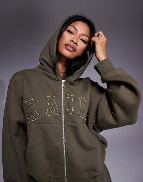 Kaiia cotton rich embroidered logo zip up oversized hoodie in khaki - part of a set - view 1