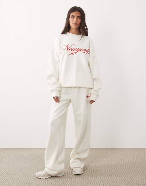Kaiia cotton rich embroidered New York script logo oversized hoodie in cream and red (part of a set), 4 of 4