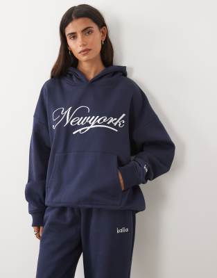 Kaiia Cotton Rich Embroidered New York Script Logo Oversized Hoodie In Blue
