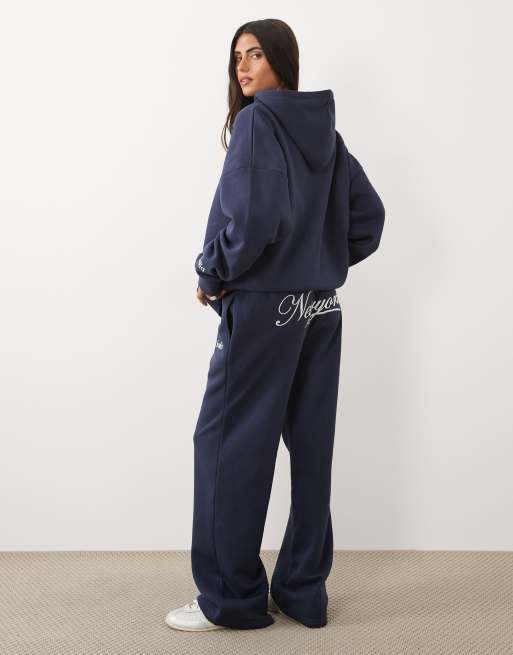 Kaiia cotton rich embroidered New York script logo wide leg trackies in navy (part of a set), 3 of 5